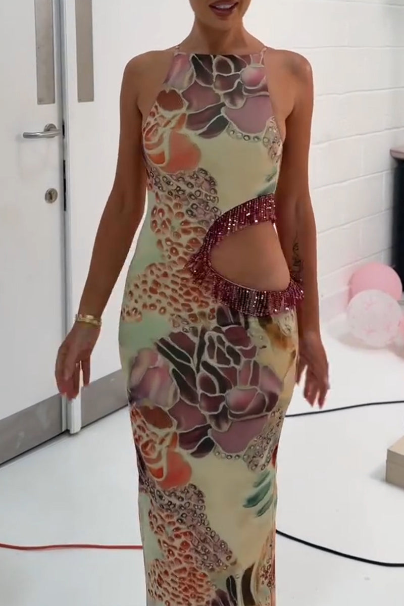 Women's Elegant Printed Waist Hollow Tassel Maxi Dresses