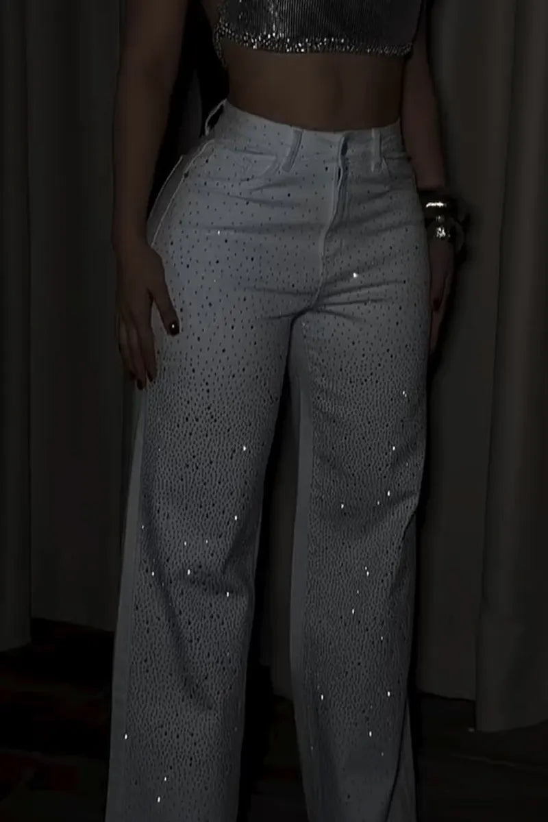 Chic Women's Glam Rhinestone Accent High-Waist Jeans