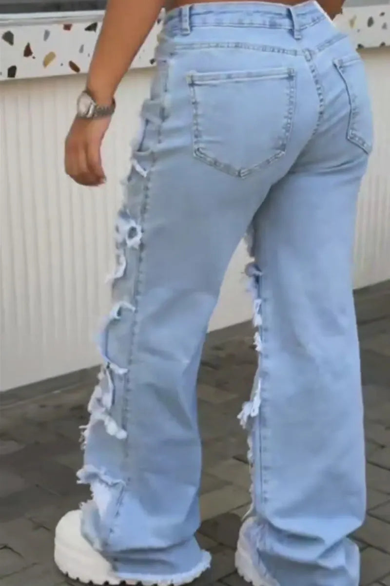 Women Multi Layer Frayed Ripped Light Wash Wide Leg Denim Jeans