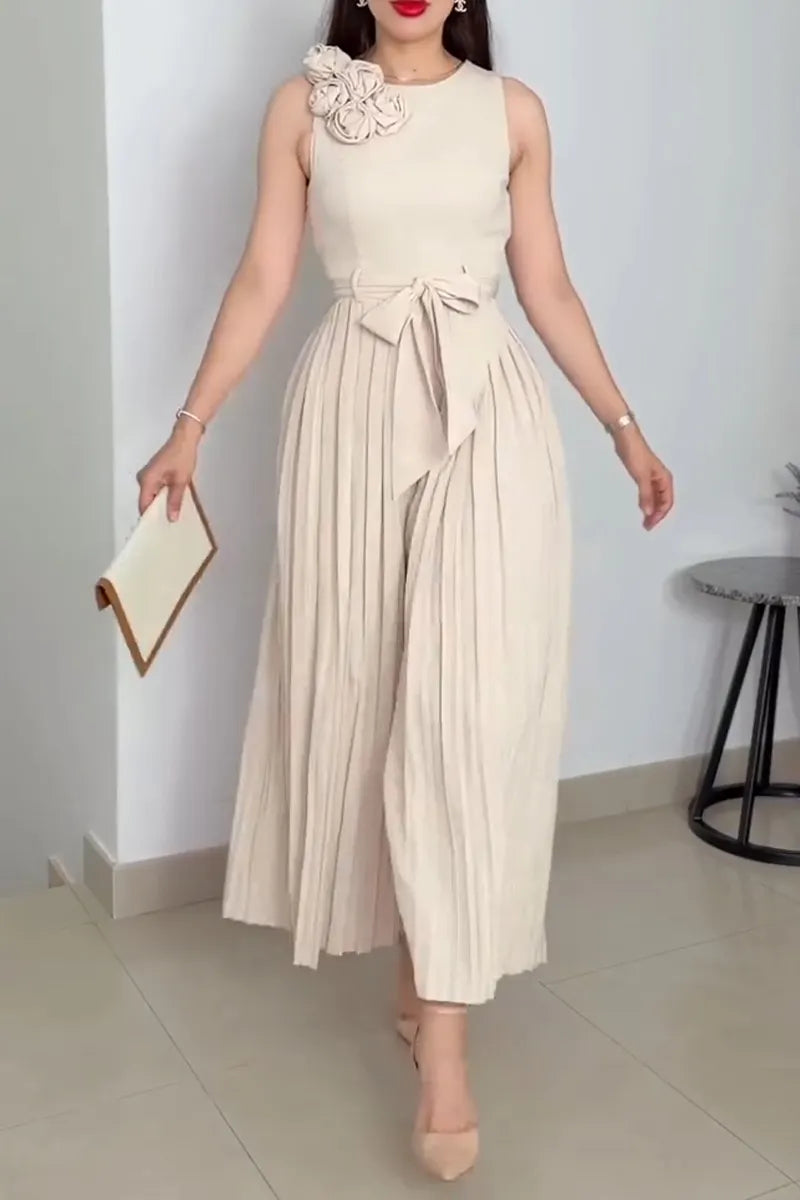 Women's Casual Flower Decoration Pleated Wide Leg Long Jumpsuit