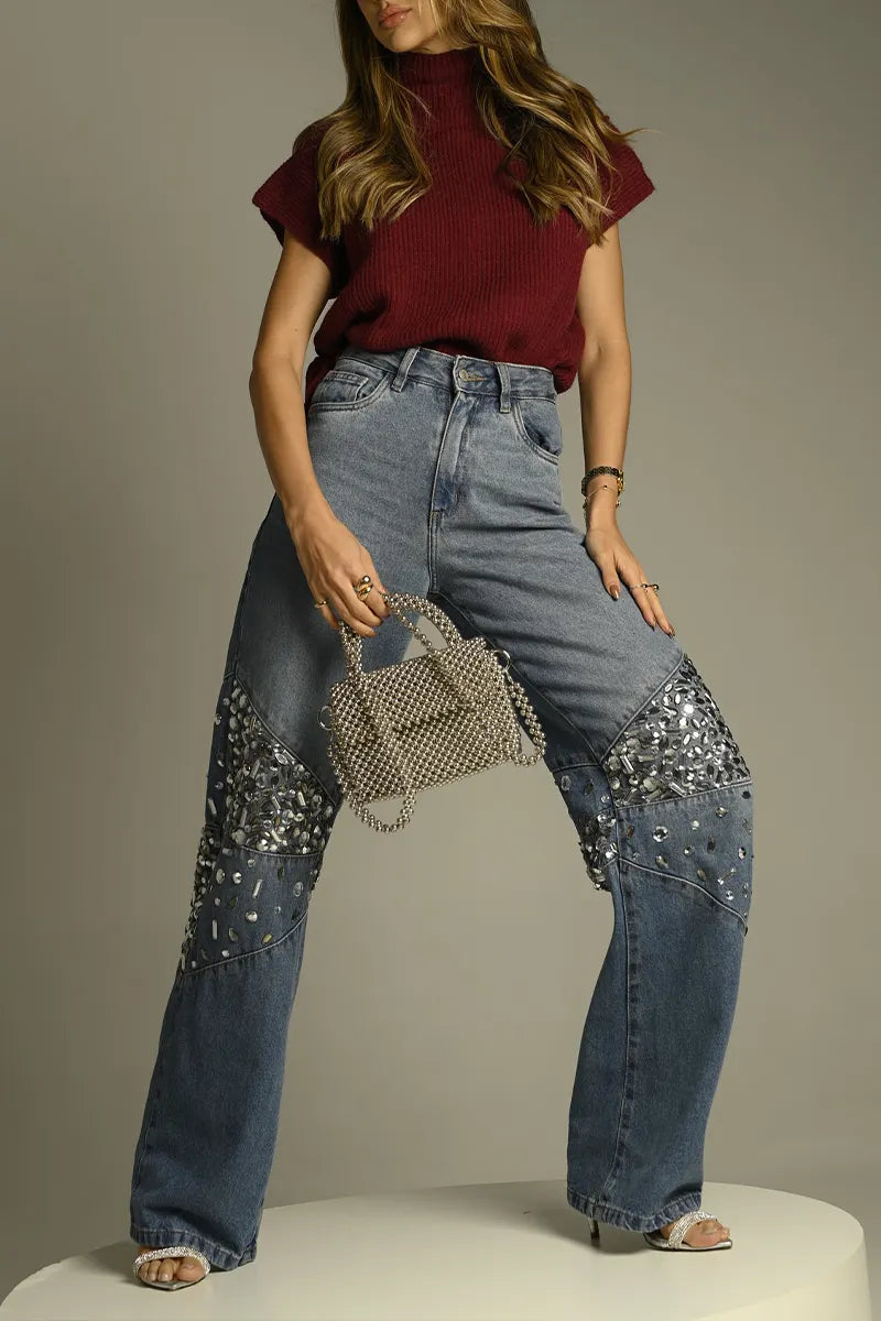Women's Casual Rhinestone Trim Wide Leg Jeans