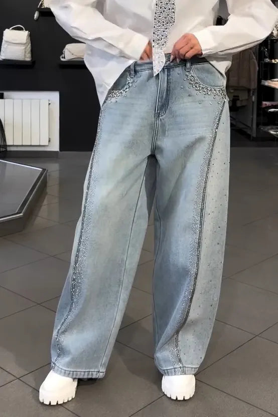 Women's Fashion Gradient Rhinestone Loose Jeans