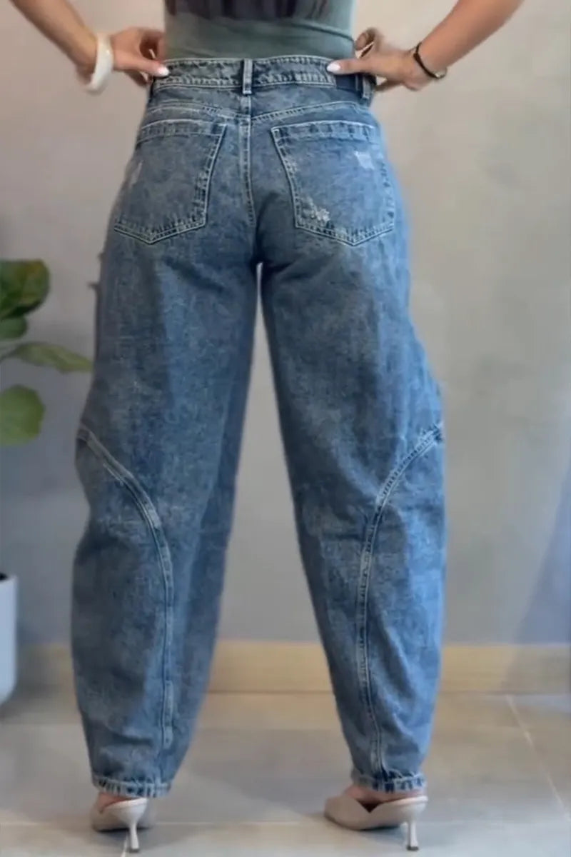 Women's Casual Ripped Wash Loose Curved Patchwork Jeans