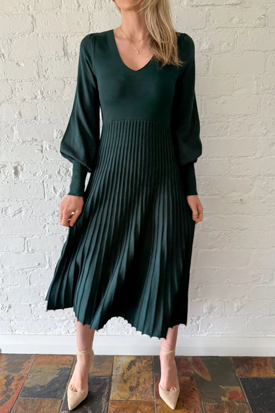 Ladies U-neck Patchwork Pleated Elegant Casual Dress