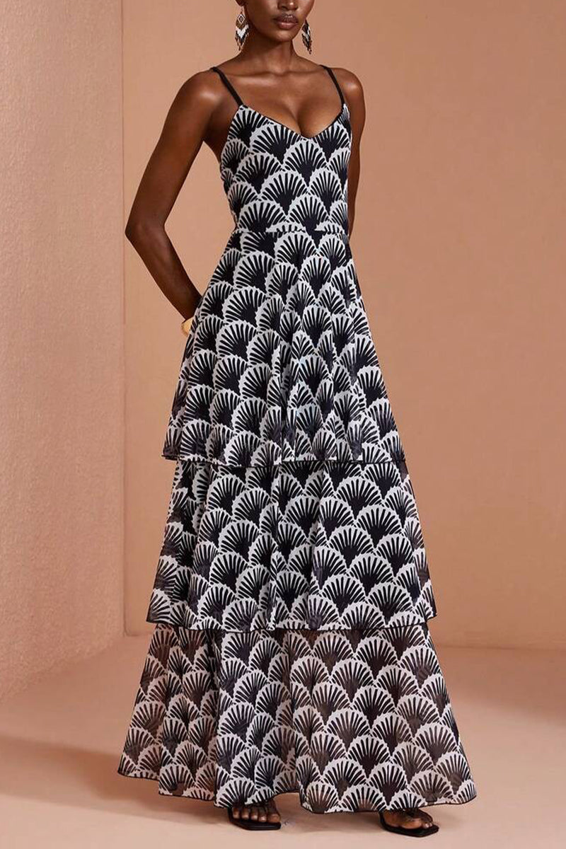 Women's Suspender Waist Cinching Printed Patchwork Elegant Casual Dress