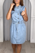 Women Round Neck Sleeveless Patchwork Casual Denim Dress