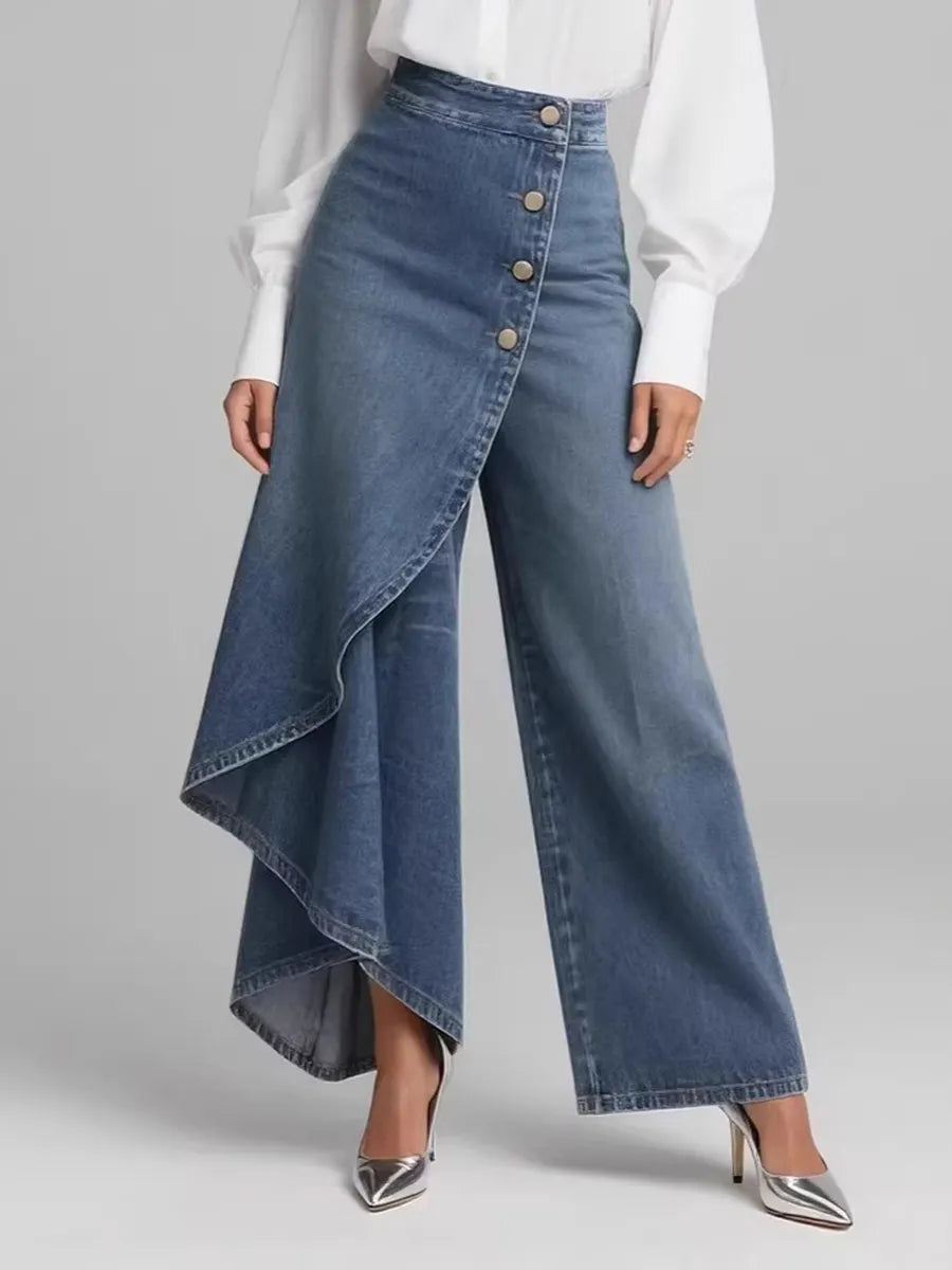 Buttoned Layered Pockets Solid Color Split-Joint High Waisted Irregularity Jean Pants Bottoms