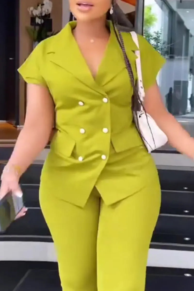 Women's Casual Short-Sleeve Double-Breasted Jacket & Flared Trousers