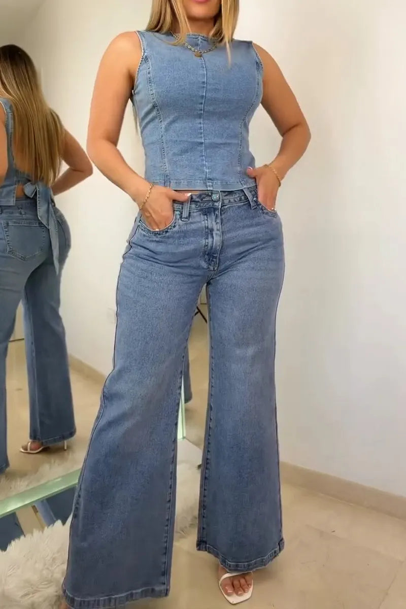 Women's Casual Open Back Design Tie Denim Vest & Jeans