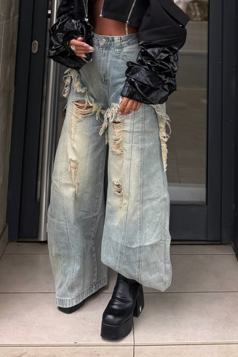 Women's Fashion Ripped Wash Faux Two-Piece Wide Leg Jeans