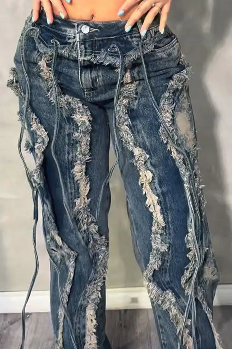 Women's Dark Acid Wash Halter Triangle Cup Denim Crop Bikini Top Or High Waist Multi Layer Raw Fringe Distressed Flare Denim Pants