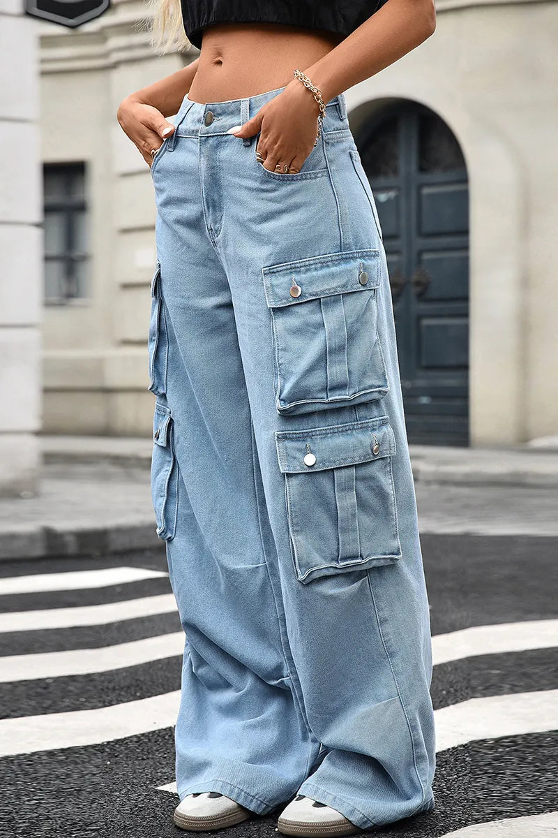 Women's High Rise Cargo Wide Leg Jeans