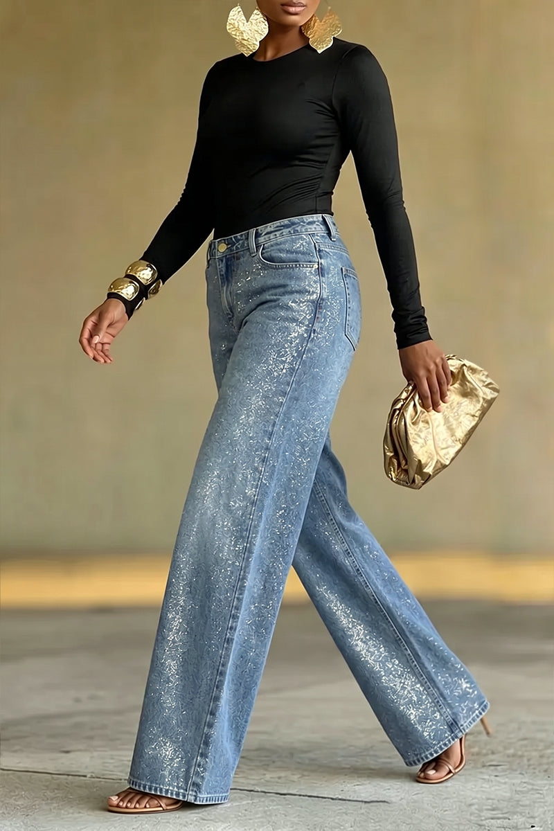 Women's Fashion Sparkly Gold Foil Wide-Leg Jeans