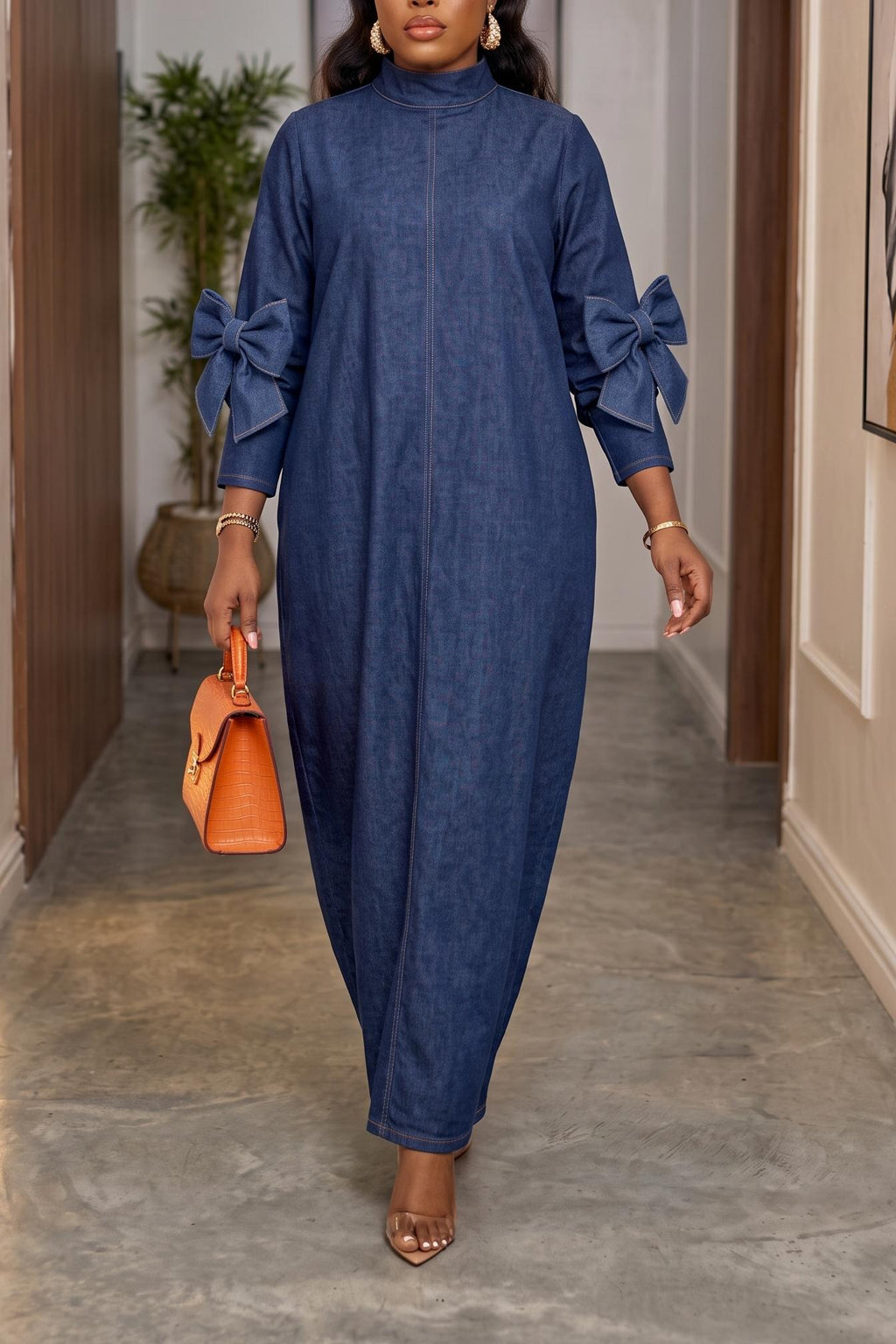 Women's Modest Denim Kaftan Dress High Neck Long Sleeve with Cute Bows Relaxed Fit Casual Fall Robe Maxi
