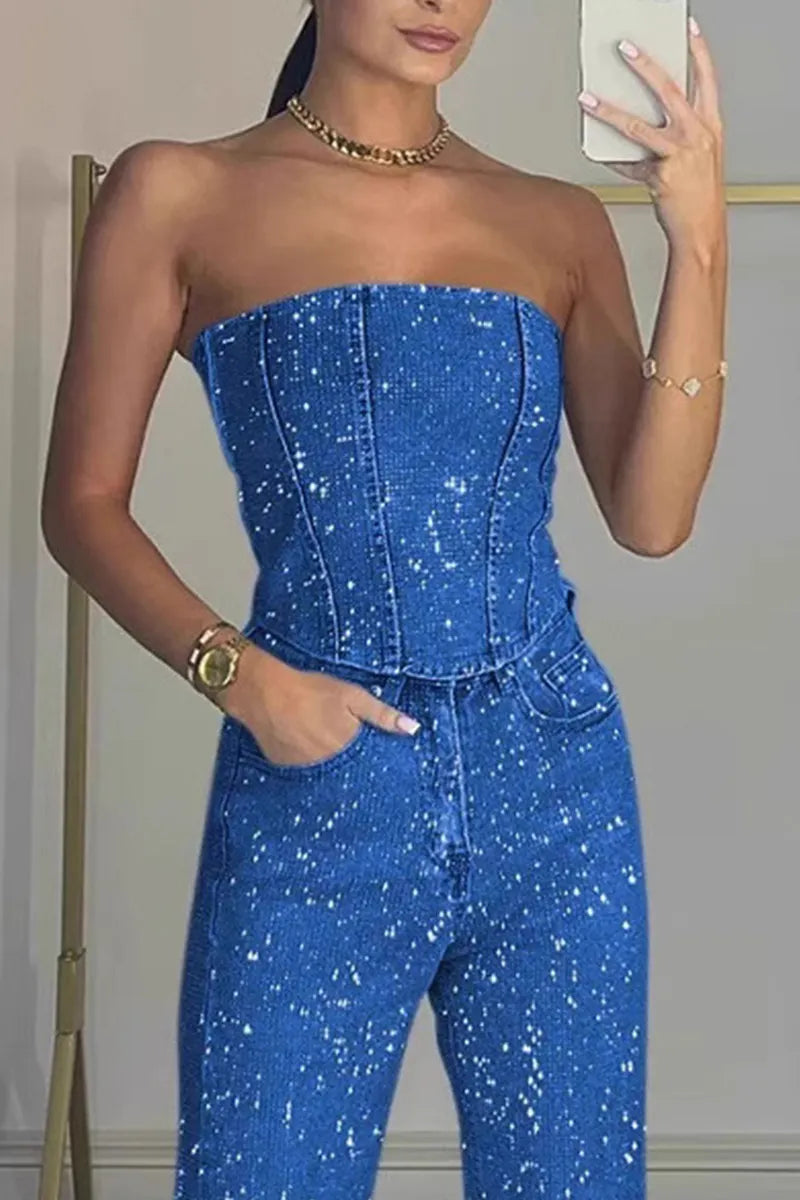 Ladies' Sexy Off Shoulder Sparkling Camisole With Diamond Trim Pants