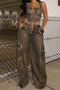 Women's Casual Lace Up Y2K Denim Camisole Or Loose Fit Wide Leg Jeans With Pockets