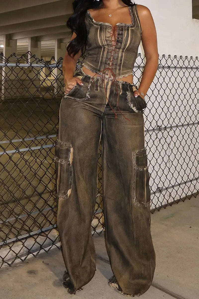 Women's Casual Lace Up Y2K Denim Camisole Or Loose Fit Wide Leg Jeans With Pockets