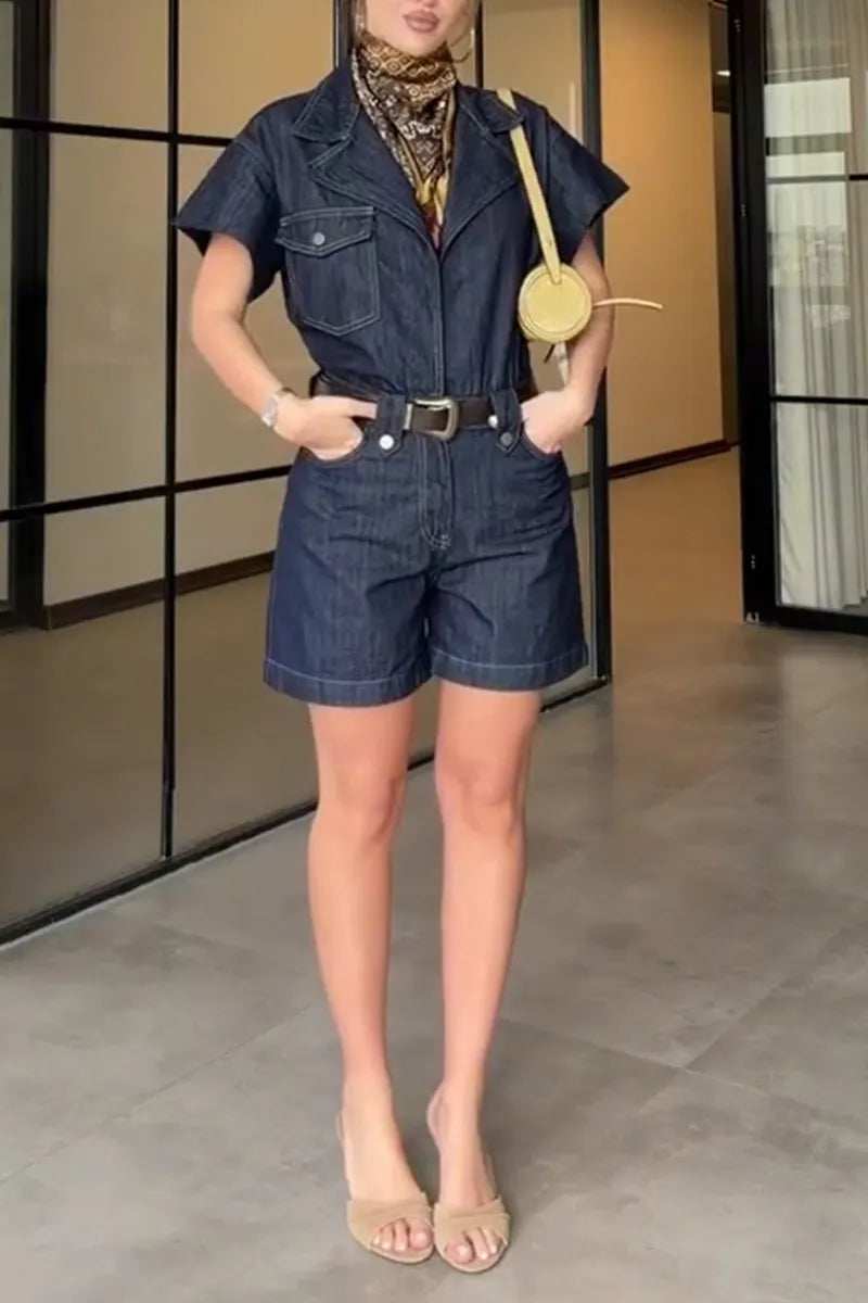 Women's Commuter Lapel Denim Short Jumpsuit