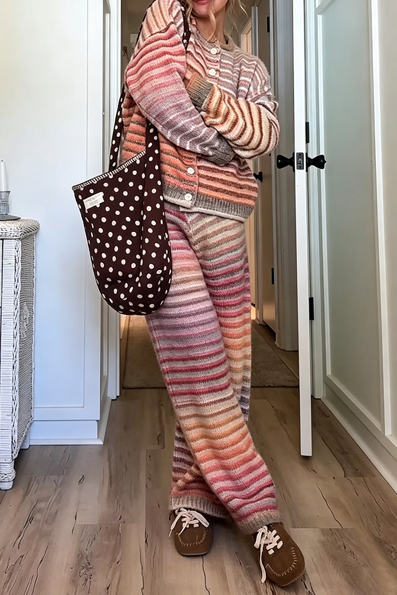 Women's Casual Colorful Stripe Loose Knit Cardigan or Pants