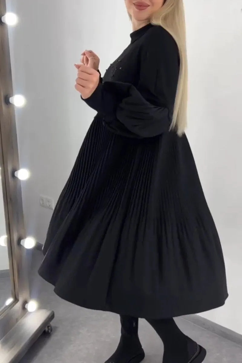 Women's Round Neck Lantern Sleeve Rhinestone Pleated Dress