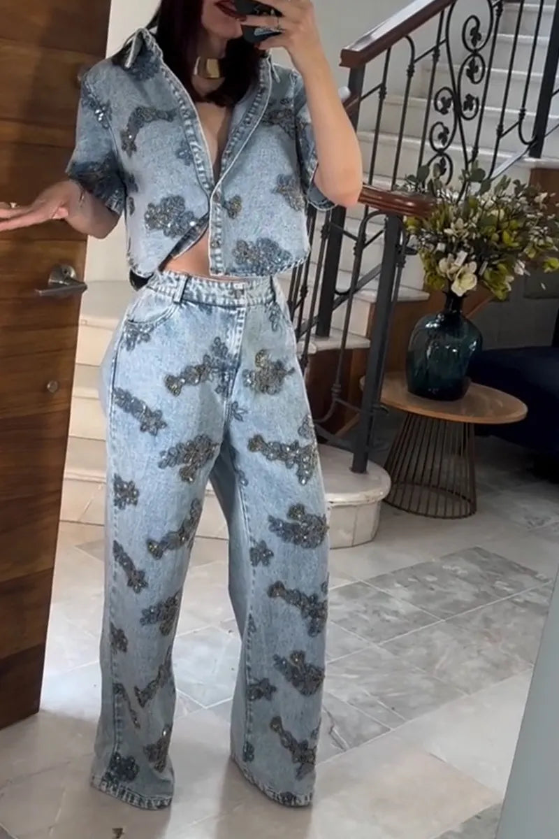 Women's Fashion Rhinestone Beads Loose Denim Top or Wide Leg Jeans