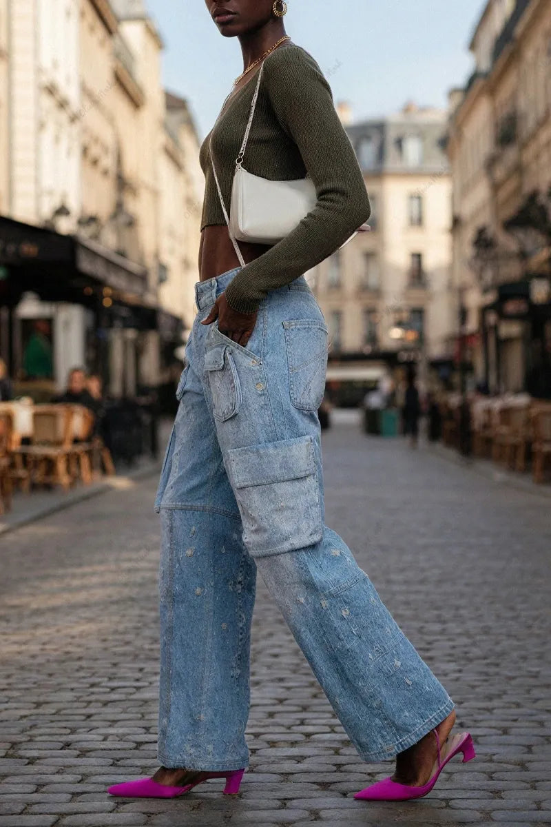 Ladies' Casual And Fashionable Low Rise Regular Jeans With Perforated Pateh Design
