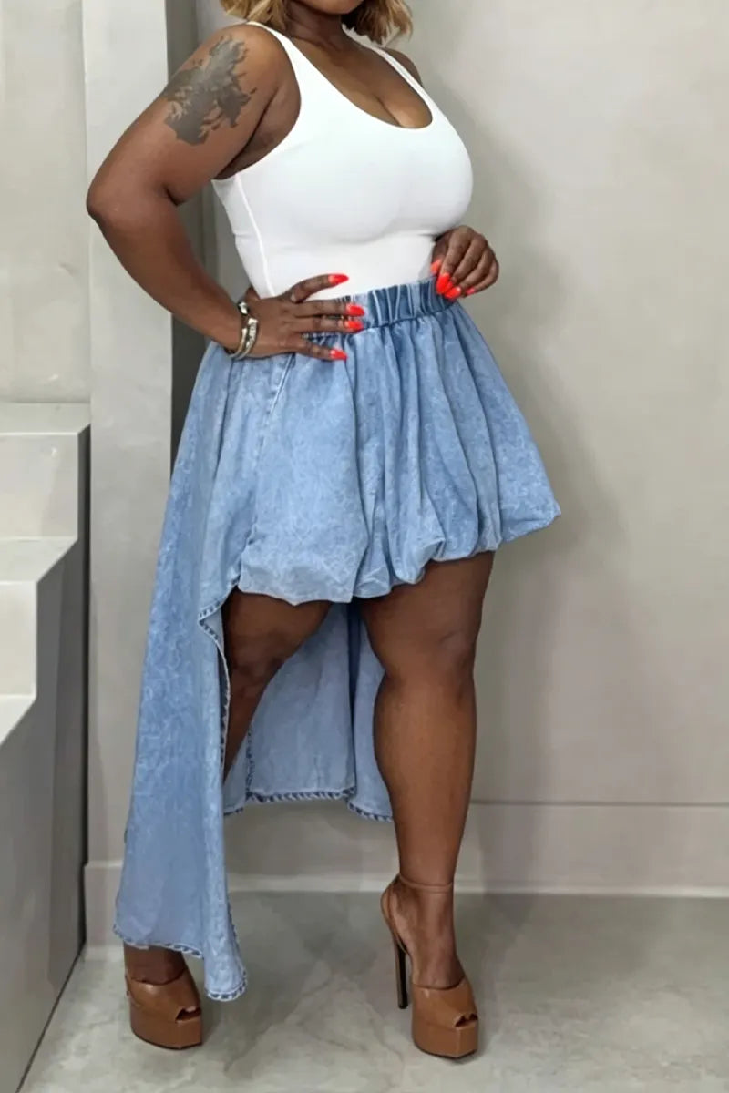 Ladies' Casual Denim Washed High And Low Swing Denim Skirt