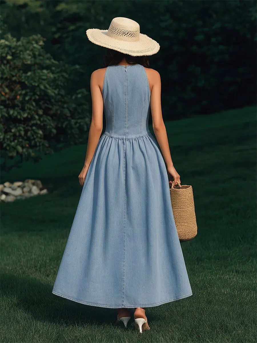 Elegant Vacation Sleeveless A-Line Denim Maxi Dress