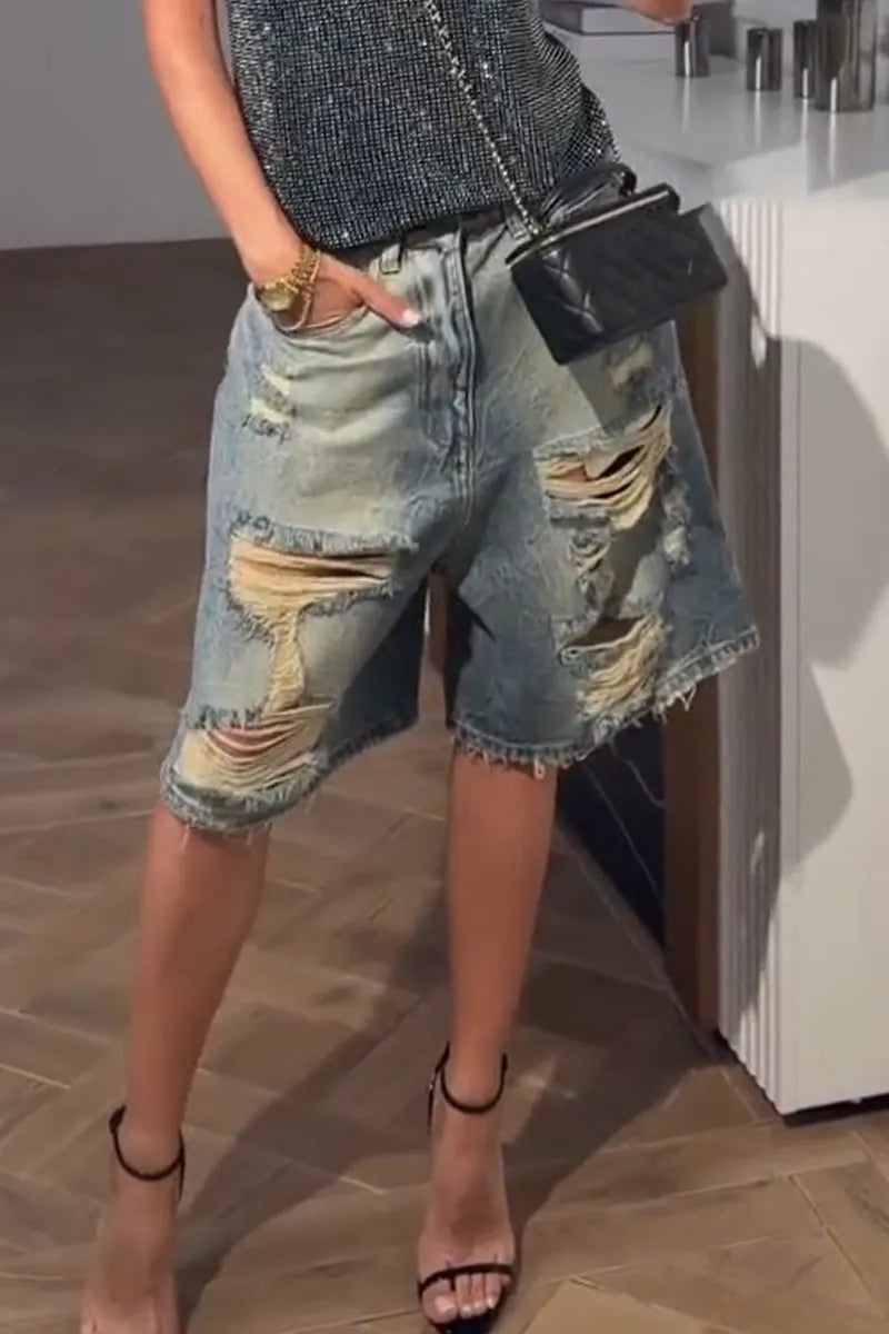 Women's Hot Stamping Rhinestones Vest or Ripped Scratch Washed Denim Shorts