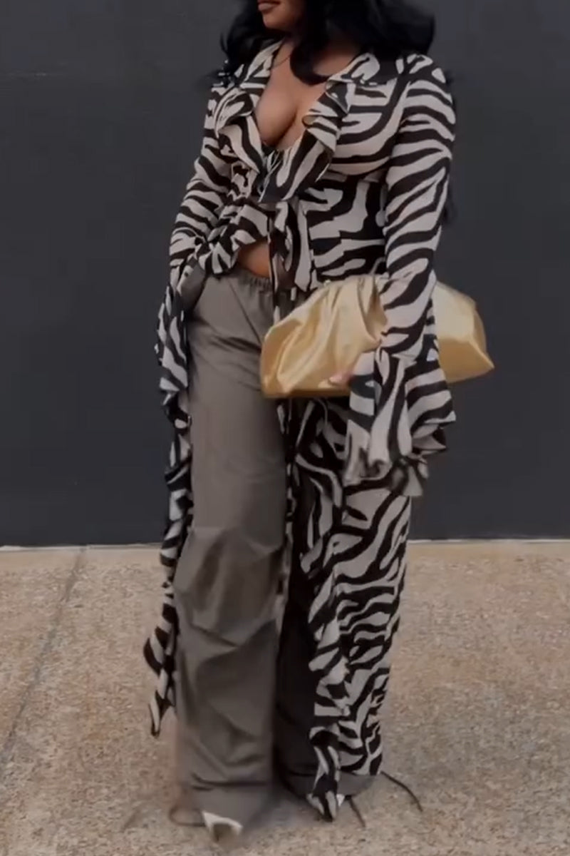 Women Collar Zebra Patterned Irregular Casual Long Top