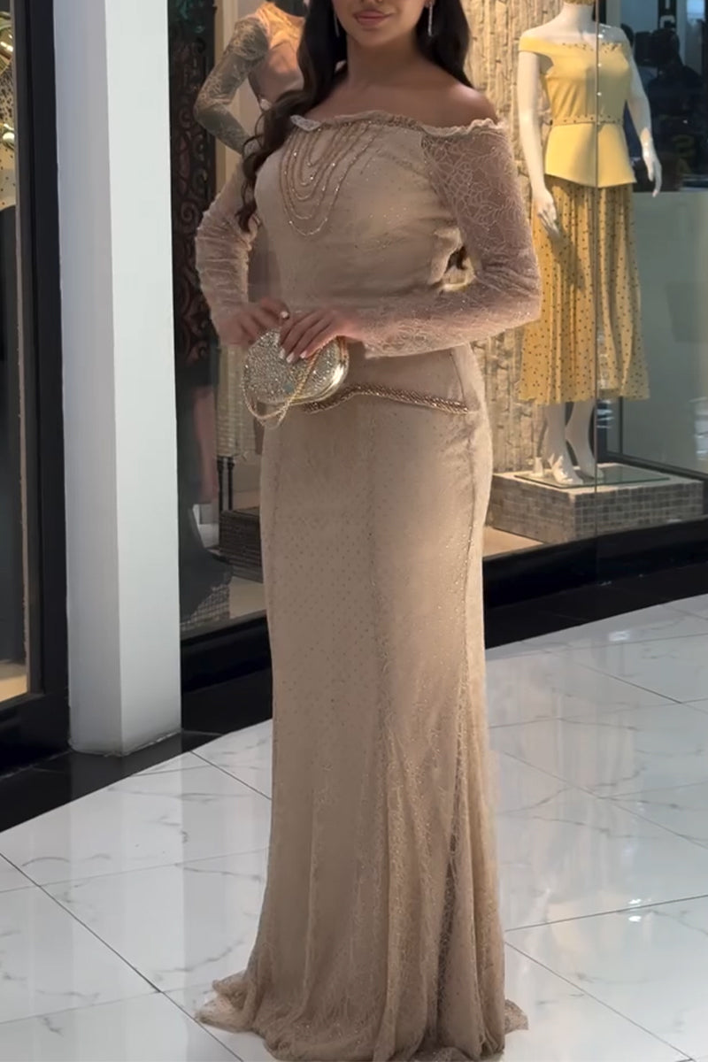 Women's Elegant Temperament with Off Shoulder Rhinestone Patterned Lace Top or Skirt