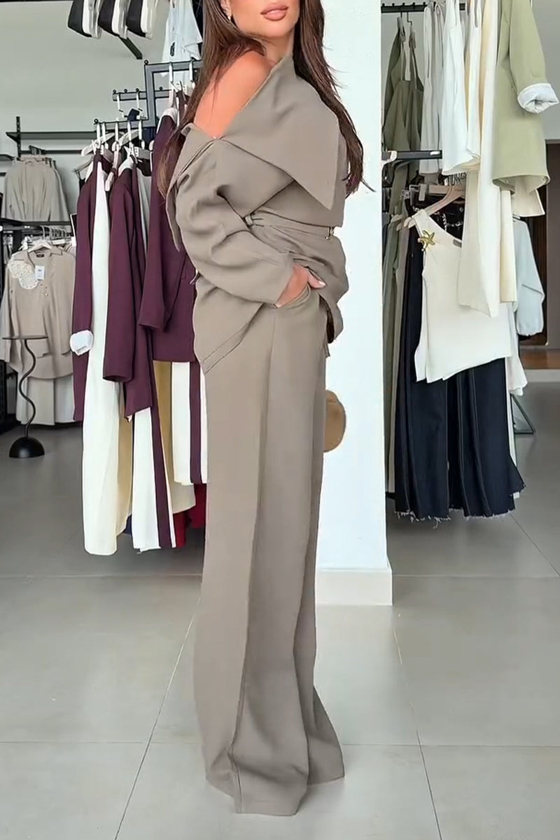 Women's Collar and Waist Cinched Top+ Pants Casual Outfit with Temperament