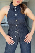 Women's Elegant Lace Panel Denim Vest & Jeans