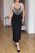 Women's Vintage Sleeveless Bodycon Midi Dress Elegant Layered Pearl Fringe Beaded Drape Neckline Cocktail Party Pencil Dress