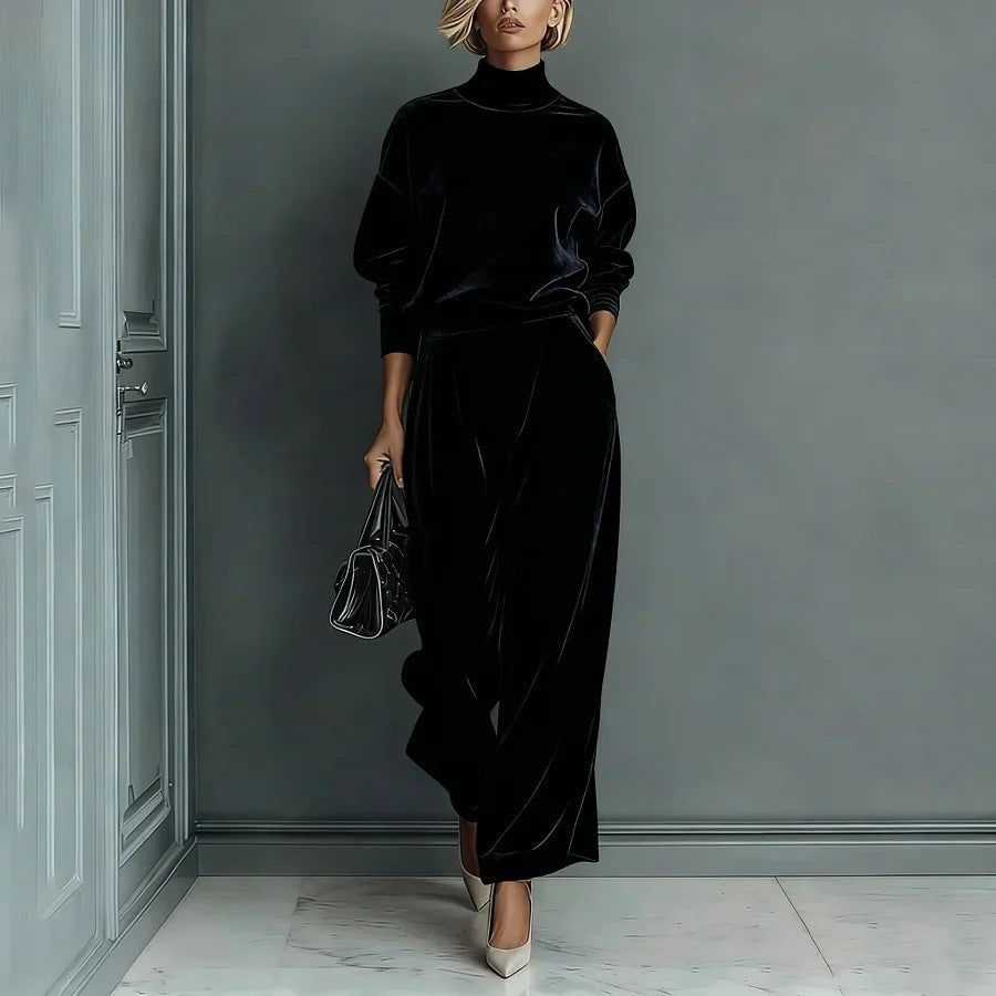 Velvet Cloud Oversized Co-ord Set: Luxe Turtleneck & Tailored Wide-Leg Pants