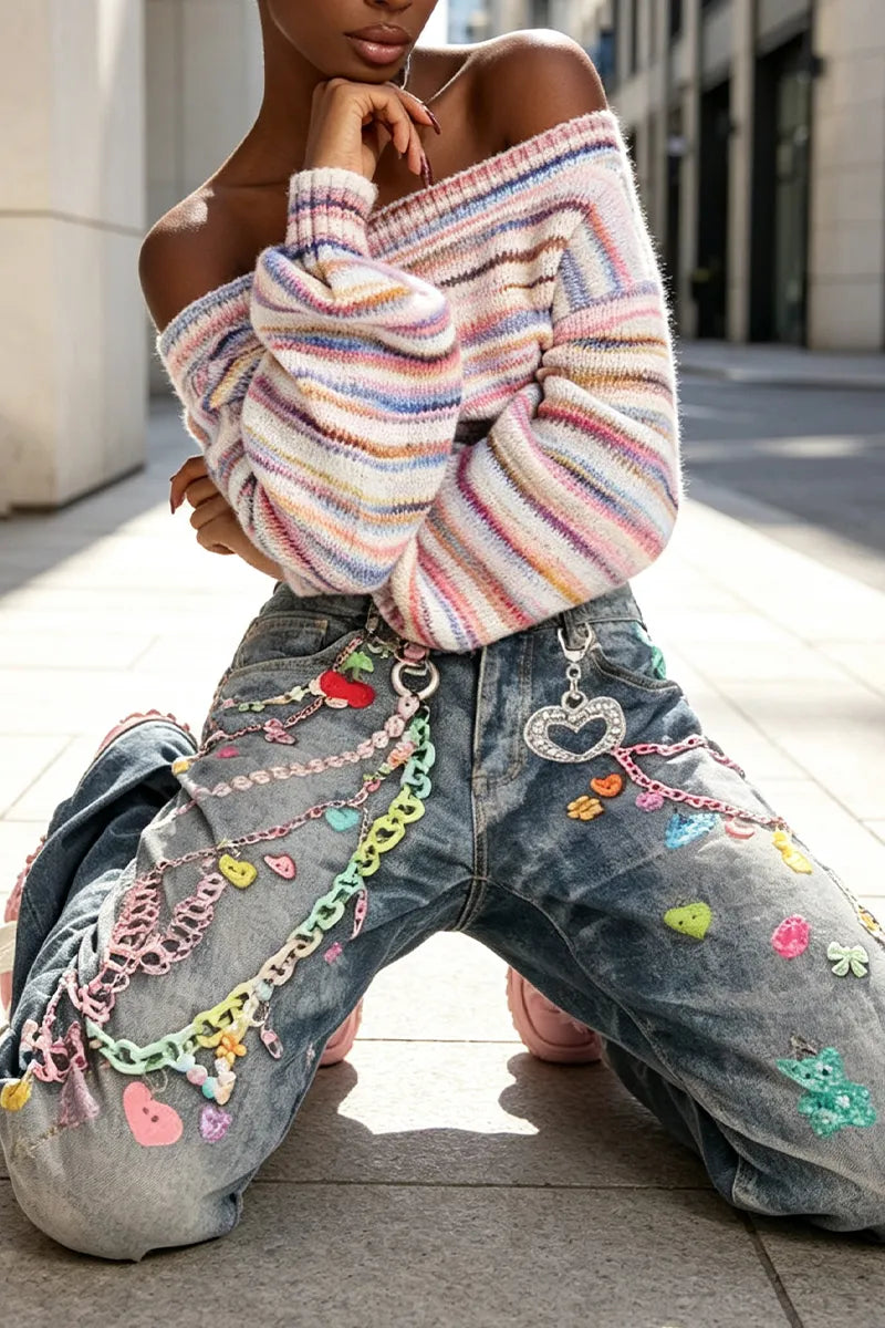Women's Printed Washed Casual Wide Leg Jeans