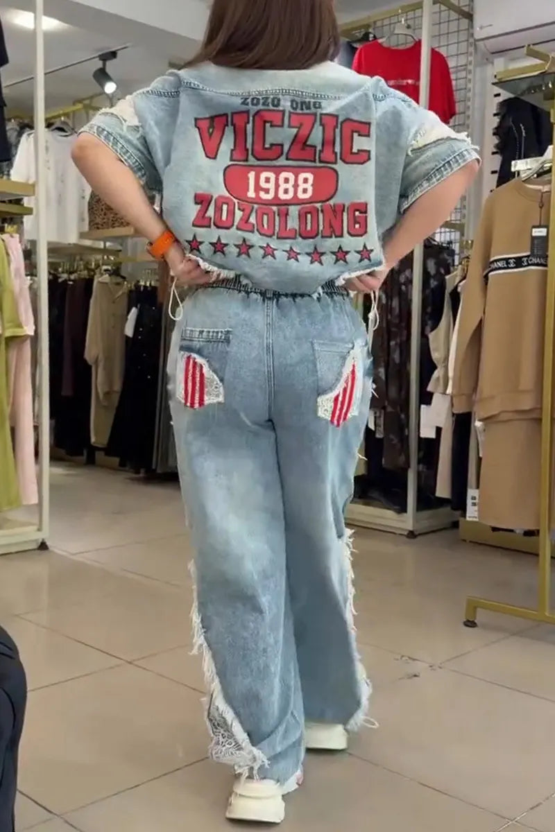 Women's Casual Letter Print Lace Panel Denim Jacket or Jeans