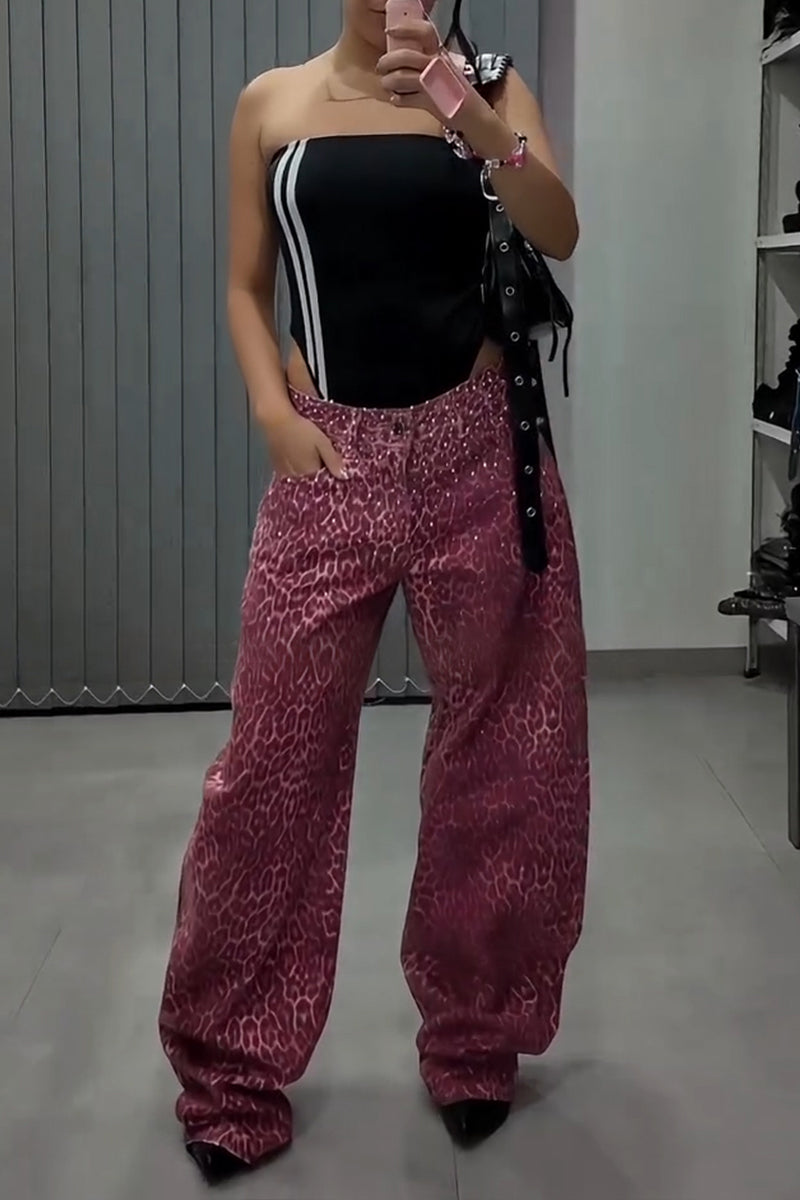 Women's Fashion Leopard Print Shiny Rhinestone Wide Leg Jeans