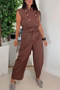 Women's Round Neck Double Breasted Waist Cinched Casual Jumpsuit