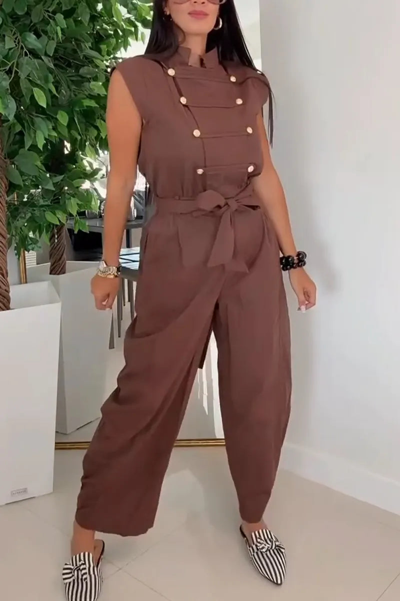 Women's Round Neck Double Breasted Waist Cinched Casual Jumpsuit