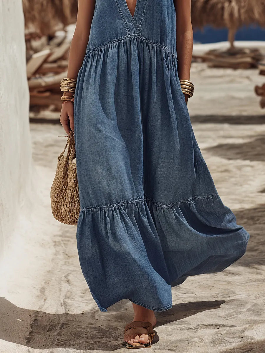 Bohemian Vacation Denim V-neck Sleeveless Loose Maxi Dress