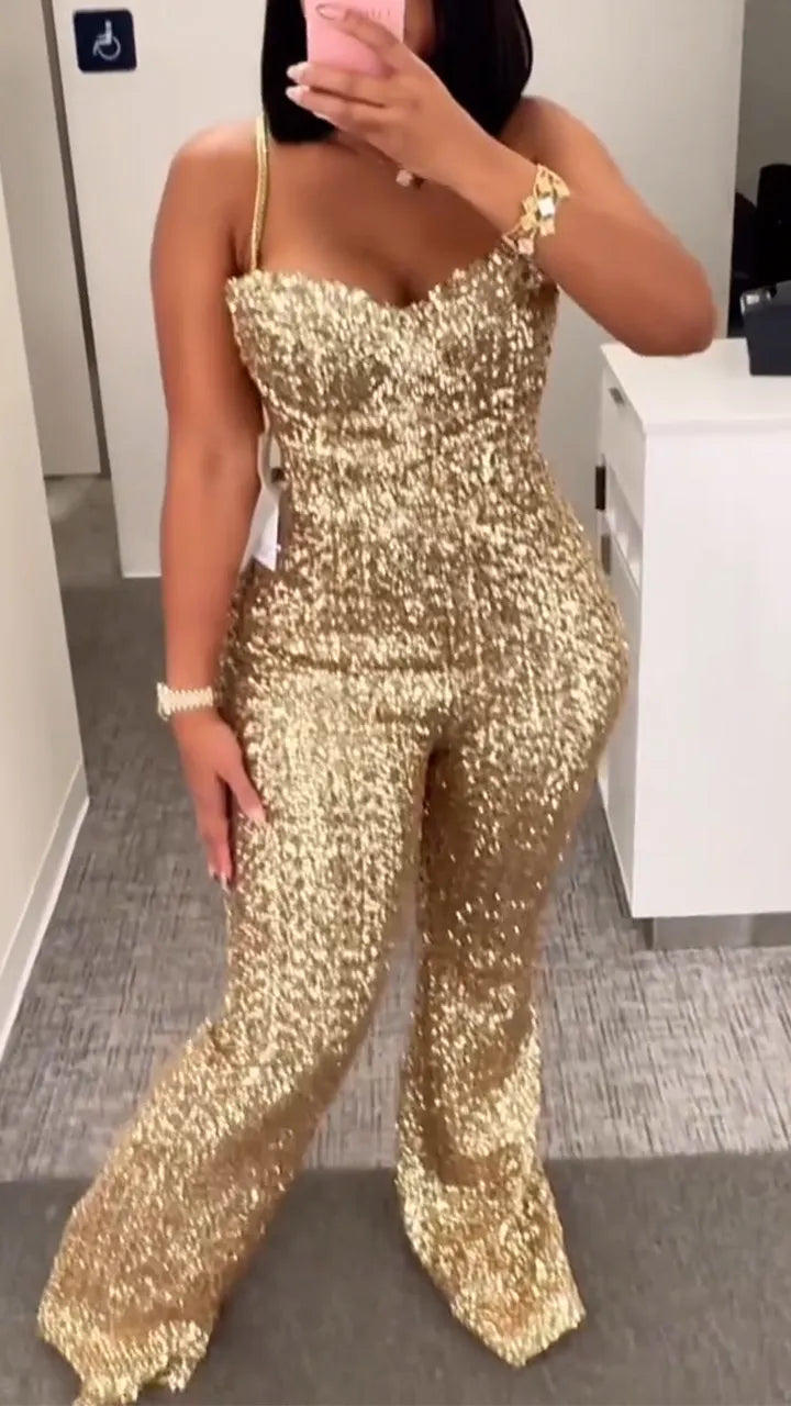 Women Spaghetti Strap Sparkling Temperament Jumpsuit