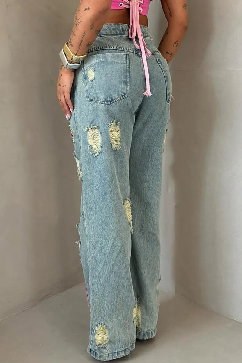 Women's Casual Cartoon Sequin Patch Washed Jeans