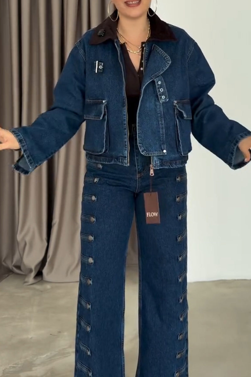 Women's Fashion Stand Collar Denim Jacket or Button Decoration Jeans