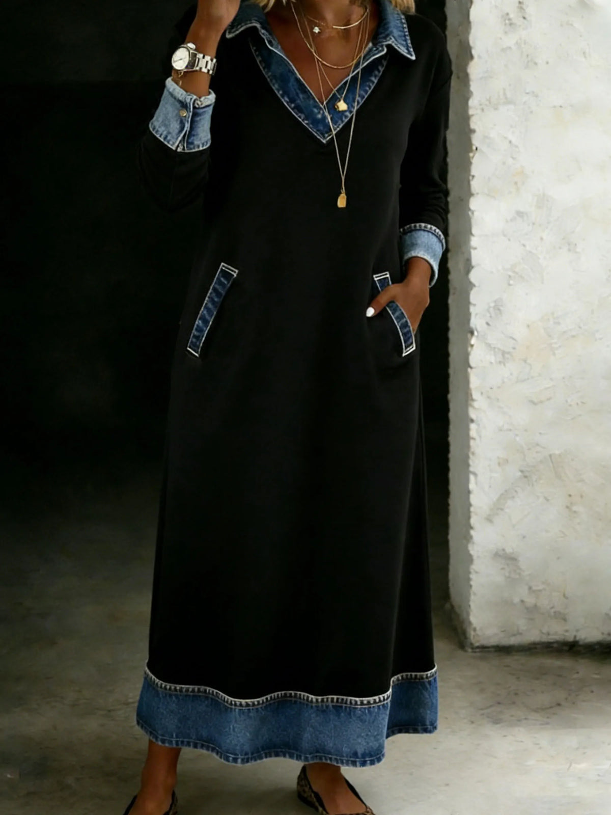 Women's Casual Stylish Denim Patchwork Contrast Colors Shirt Dress