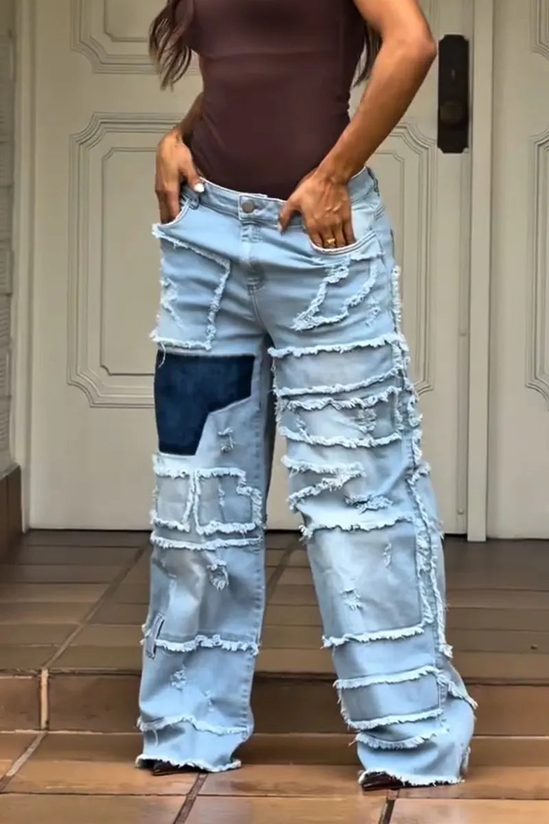 Women Multi-layer Fringed Patchwork Washable Casual Denim Wide Leg Pants