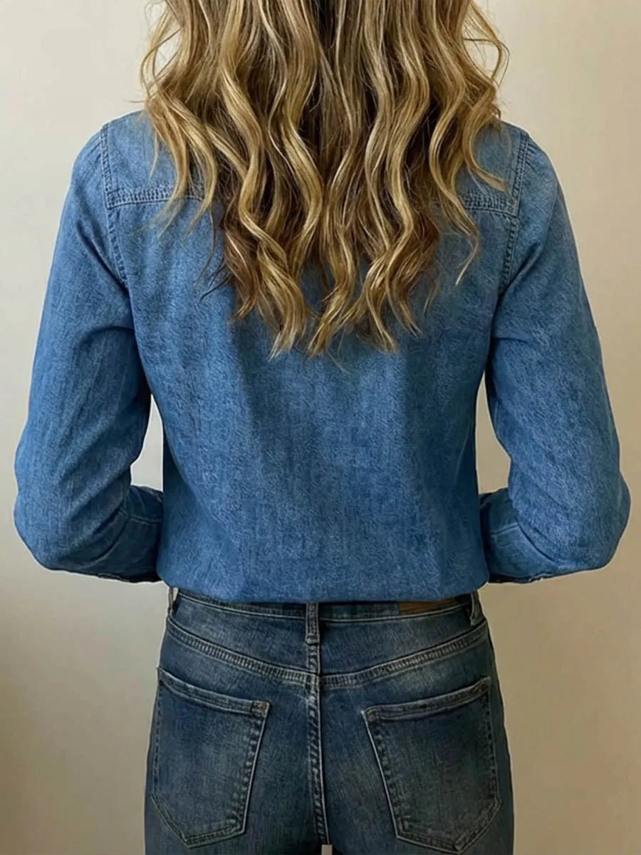 Women's Casual Loose-fit Long-sleeve Denim Shirt With Fold-down Collar