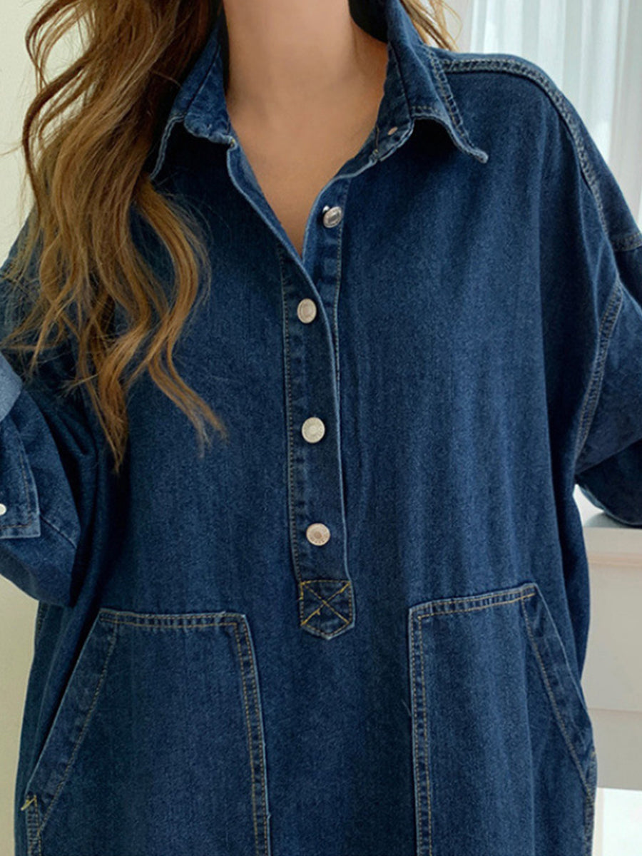 Buttoned Pockets Solid Color Split-Joint Split-Side Long Sleeves Loose Lapel Shirt Dress Maxi Dresses