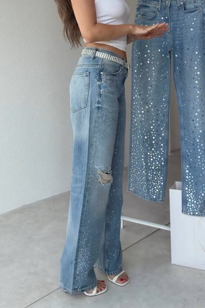 Women's Hot Stamping Rhinestone Scratch Washed Casual Jeans