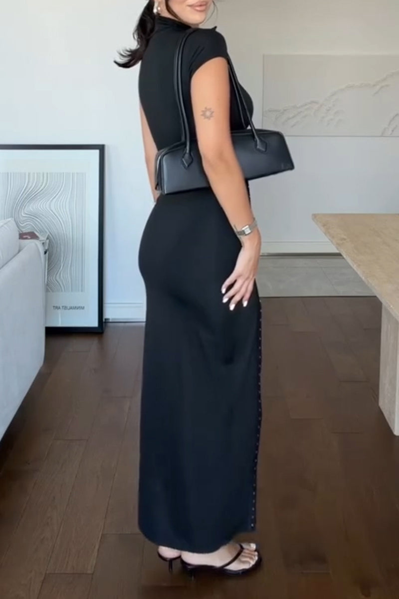 Women's Fashion Button Design Stand Collar Slit Hem Maxi Dress